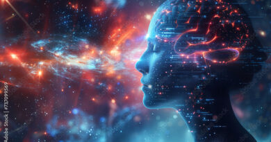 A futuristic human mind glowing with cosmic light and neural patterns, illustrating how the brain constructs reality through perception and consciousness.