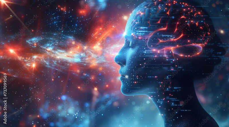 A futuristic human mind glowing with cosmic light and neural patterns, illustrating how the brain constructs reality through perception and consciousness.