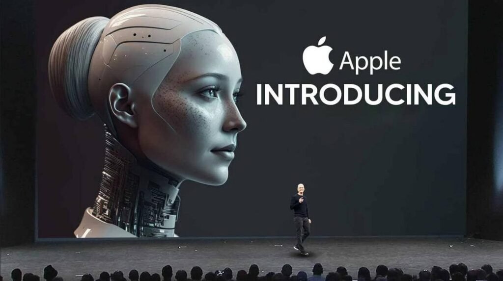 Apple new Siri announcement on stage with a humanoid AI robot displayed during an Apple keynote presentation.