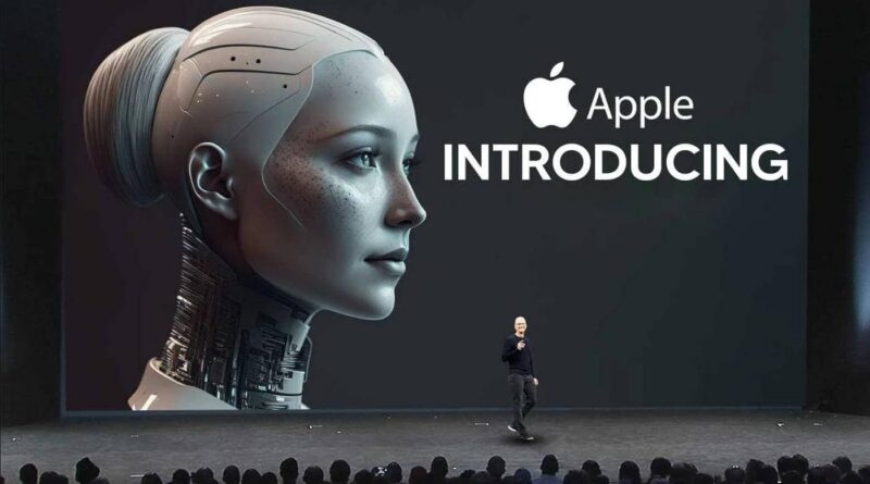 Apple new Siri announcement on stage with a humanoid AI robot displayed during an Apple keynote presentation.