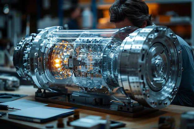 nuclear clock research device with exposed internal components in a laboratory setting