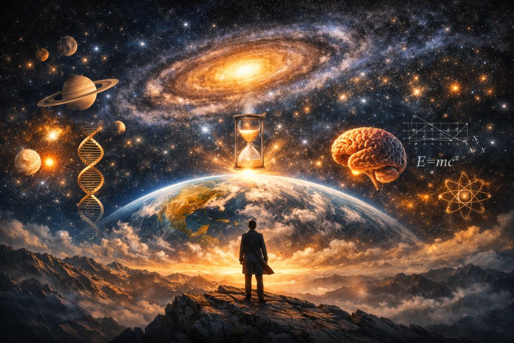 Why the Universe Is Not an Accident — cosmic philosophical illustration showing a human figure gazing at Earth, DNA, brain and galaxy in a panoramic cosmic sky.