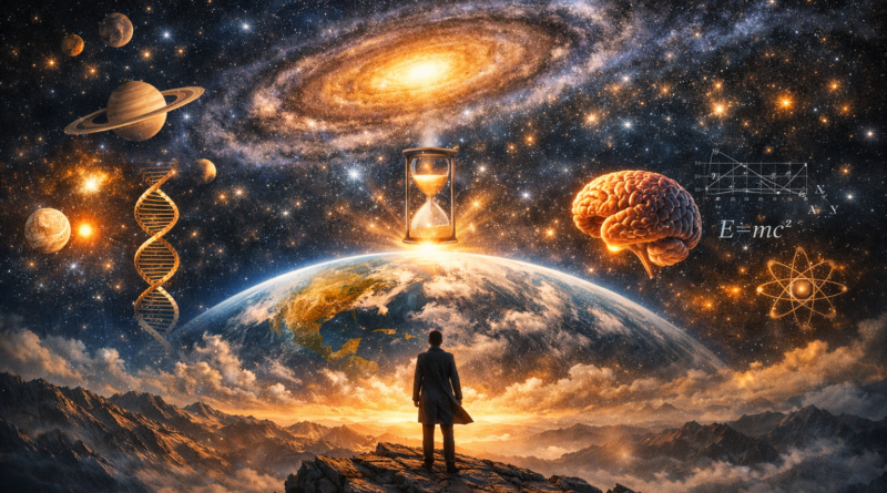 Why the Universe Is Not an Accident — cosmic philosophical illustration showing a human figure gazing at Earth, DNA, brain and galaxy in a panoramic cosmic sky.