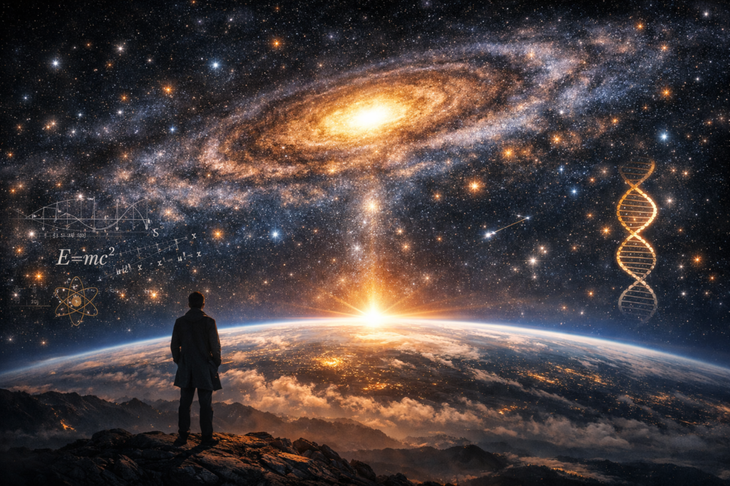 Why the Universe Is Not an Accident — Inner Cosmic Vision of Science and Philosophy Why the Universe Is Not an Accident — widescreen cosmic landscape showing a man gazing at Earth’s horizon, DNA helix, galaxy and scientific formulas.