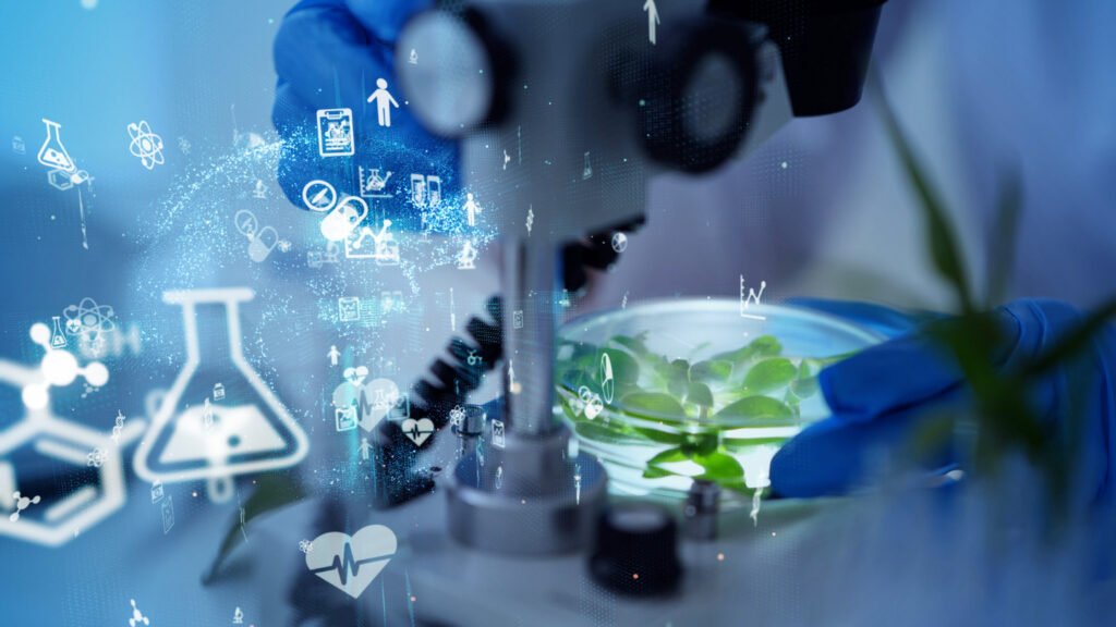 latest biotechnology breakthroughs 2026 laboratory microscope analyzing plant sample with digital biotech overlays