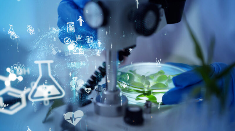 latest biotechnology breakthroughs 2026 laboratory microscope analyzing plant sample with digital biotech overlays