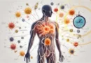 Immune system memory illustrated through the human body interacting with pathogens and biological signals