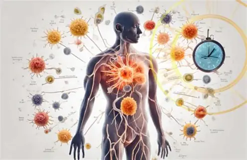 Immune system memory illustrated through the human body interacting with pathogens and biological signals