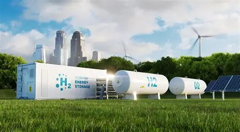 Green Hydrogen Electrolyzers powering a hydrogen energy storage facility with H₂ tanks, solar panels, and wind turbines in a modern renewable‑energy landscape.