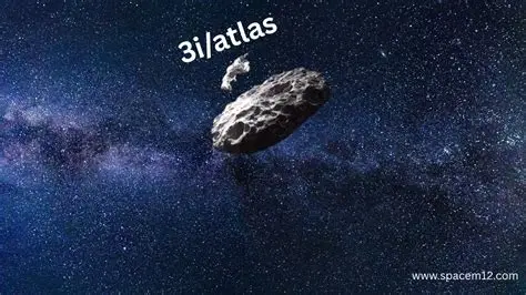 A detailed space illustration of the interstellar object 3I/ATLAS drifting through a star‑filled region of the Milky Way, with a smaller fragment nearby and a rocky, irregular surface illuminated against the galactic background.