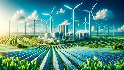 Green Hydrogen Electrolyzers in a Modern Renewable Energy System Green Hydrogen Electrolyzers powering a futuristic renewable‑energy landscape with wind turbines, solar fields, and a clean industrial facility.