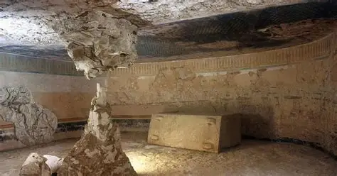 Thutmose II tomb discovery 2025 – interior of the burial chamber Ancient burial chamber from the Thutmose II tomb discovery 2025 showing a stone sarcophagus and painted walls.