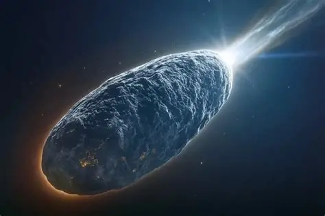 A high‑velocity interstellar object identified as 3I/ATLAS streaking through deep space, its elongated rocky surface illuminated along the upper edge while a bright, fiery trail expands behind it against a dark star field.