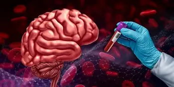 A detailed medical illustration showing the connection between blood analysis and brain function, featuring a human brain alongside a gloved hand holding a blood sample, symbolizing research on Blood Biomarkers for Alzheimer’s.