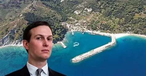 In the foreground a political figure appears over an aerial view of a coastal development in Albania, symbolizing rising tensions and public scrutiny over new resort projects.