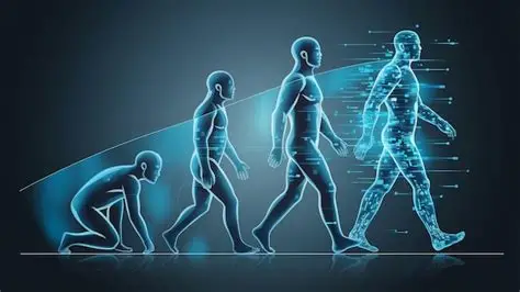 Digital human evolution illustrated through the transition from early hominids to a digital-era human figure