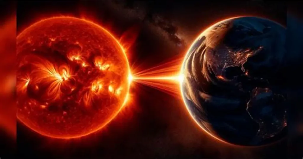 Artistic depiction of solar energy interacting with Earth during the geomagnetic storm June 6 2026, showing intense solar flares and plasma directed toward the planet.