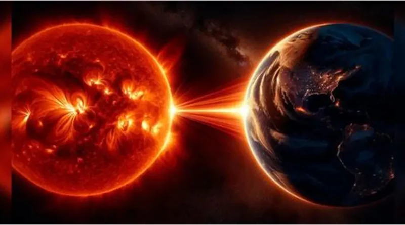 Artistic depiction of solar energy interacting with Earth during the geomagnetic storm June 6 2026, showing intense solar flares and plasma directed toward the planet.