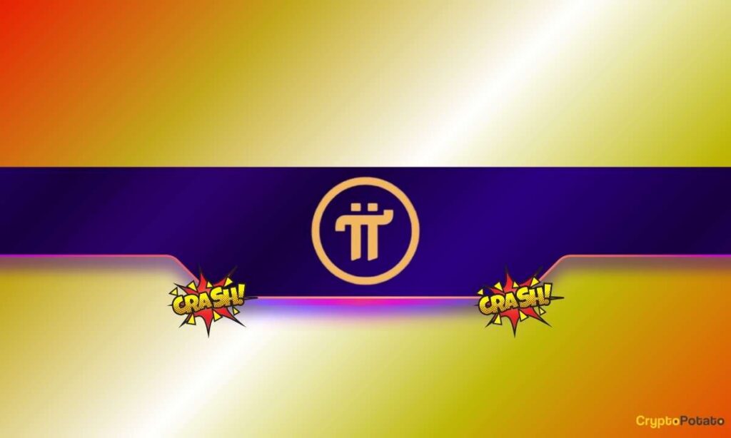 Pi Network Criticism – Visual Symbol of the Project’s Decline Pi Network criticism illustrated through a crashing Pi logo surrounded by comic-style “CRASH!” effects, symbolizing the decline and instability of the project.