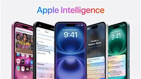 pple Intelligence on‑device AI shown across iPhone interfaces. Apple Intelligence on‑device AI displayed across multiple iPhone screens showcasing messaging, photo editing, and system features.