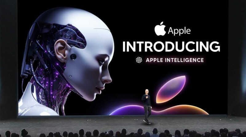 Apple Intelligence on‑device AI introduced on stage during an Apple keynote with a robotic head visual.