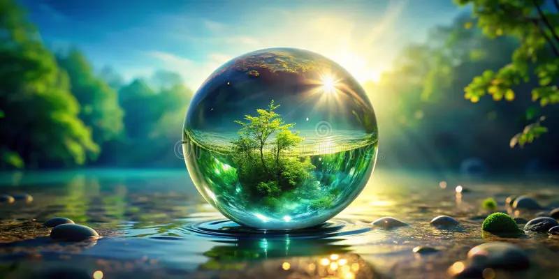 Water and life reflected in a glass sphere symbolizing the deep connection between nature and existence Water and life reflected inside a glass sphere resting on a calm surface, symbolizing the deep connection between nature, balance, and the origins of existence.
