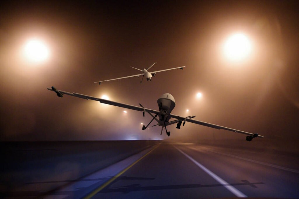 Ukrainian drones St. Petersburg flying over a foggy highway at night