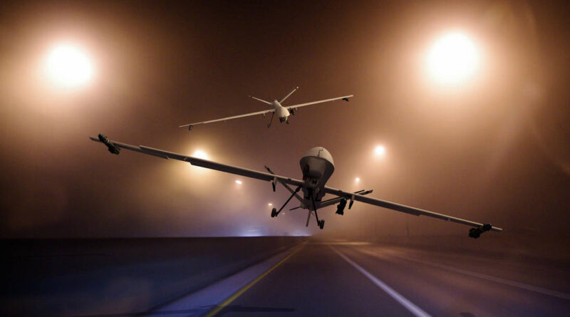 Ukrainian drones St. Petersburg flying over a foggy highway at night