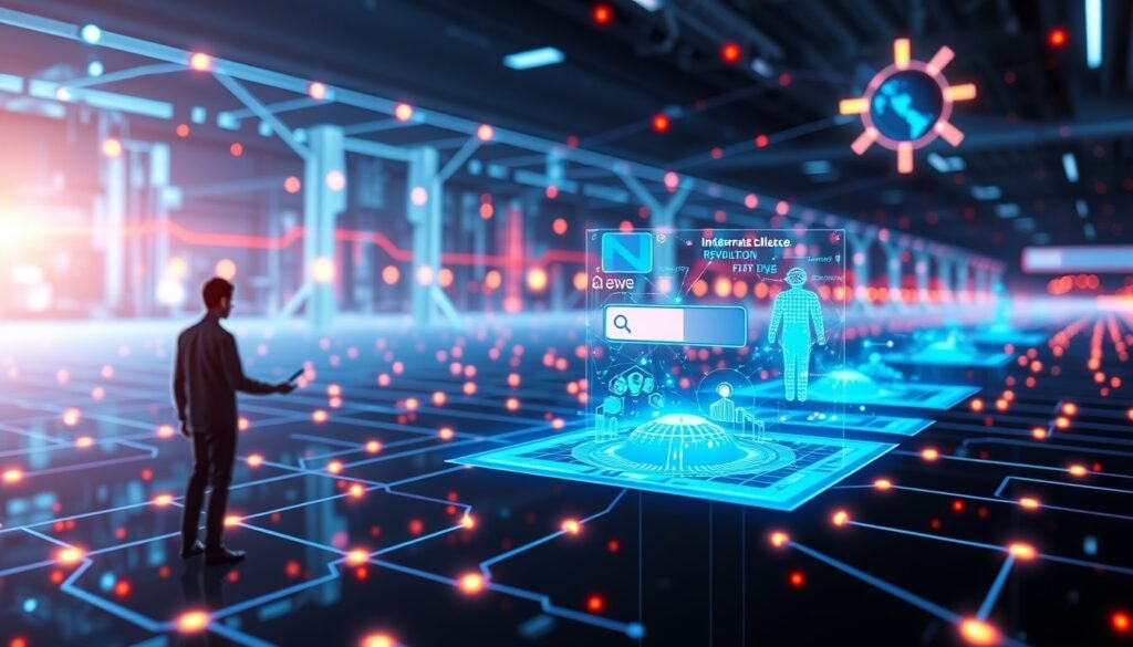 The Autonomous Web visualized through a futuristic holographic interface showing AI‑driven navigation, digital ecosystems, and human–machine interaction.