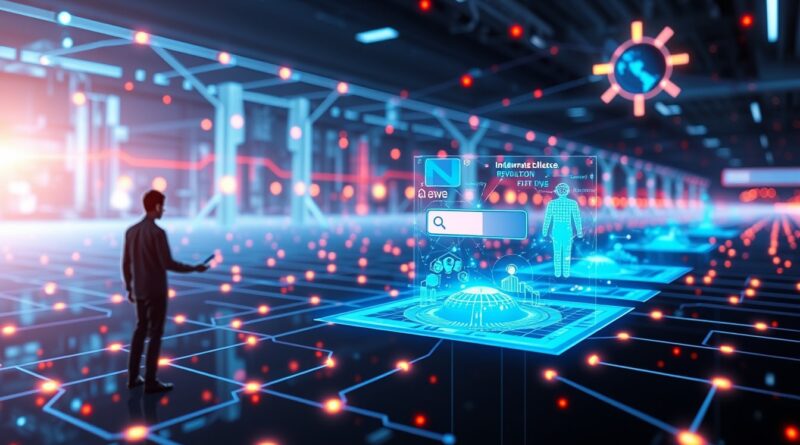 The Autonomous Web visualized through a futuristic holographic interface showing AI‑driven navigation, digital ecosystems, and human–machine interaction.