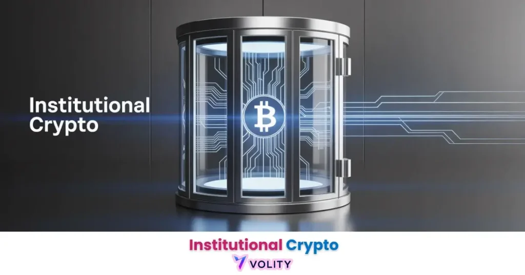 Institutional crypto liquidity illustrated through a secure digital vault and Bitcoin infrastructure Institutional crypto liquidity represented through a futuristic digital vault protecting Bitcoin and blockchain infrastructure