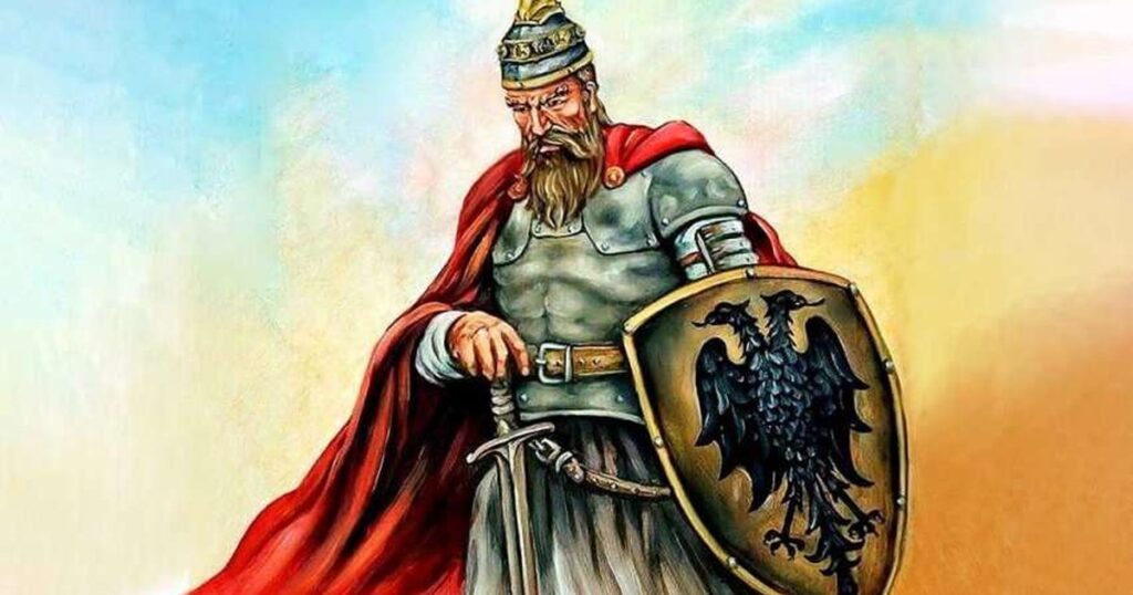 Albanians ancient European people represented through a heroic portrait of Skanderbeg, the legendary Albanian leader whose courage and legacy embody the unbroken line from the paleo‑Balkan world to modern Albania.
