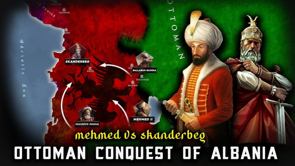 Albanians ancient European people depicted through a historical illustration of Skanderbeg resisting the Ottoman advance, symbolizing the enduring struggle that preserved Albania’s identity from the paleo‑Balkan world to the modern era.