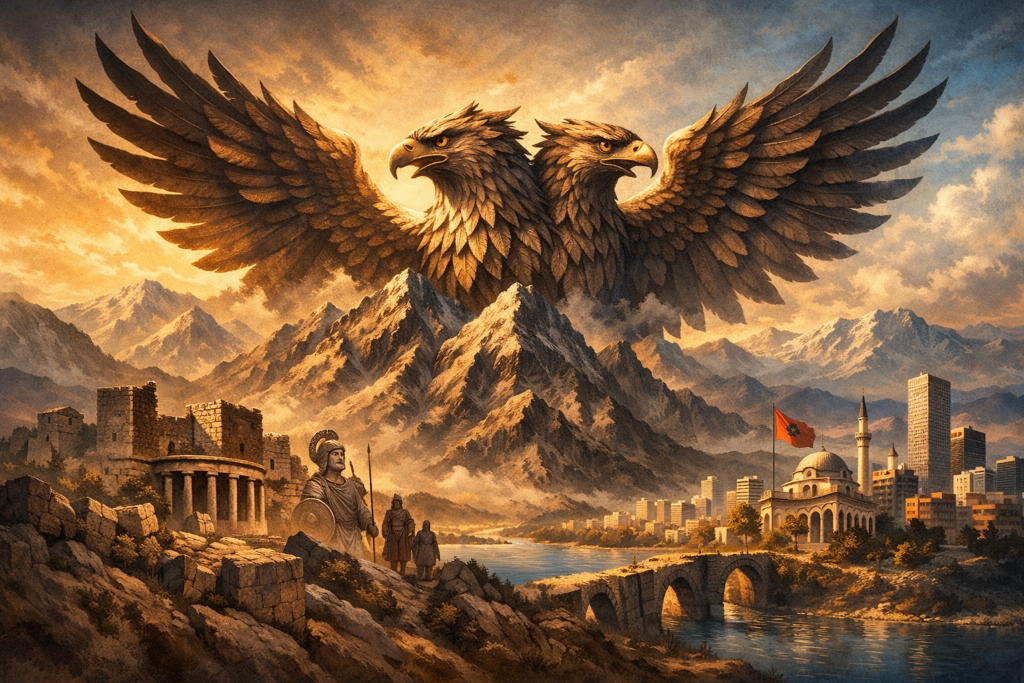 Albanians ancient European people represented through a mythological double‑headed eagle rising from the Illyrian mountains, symbolizing the unbroken cultural line from the paleo‑Balkan world to modern Albania.