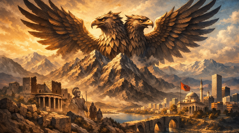 Albanians ancient European people represented through a mythological double‑headed eagle rising from the Illyrian mountains, symbolizing the unbroken cultural line from the paleo‑Balkan world to modern Albania.