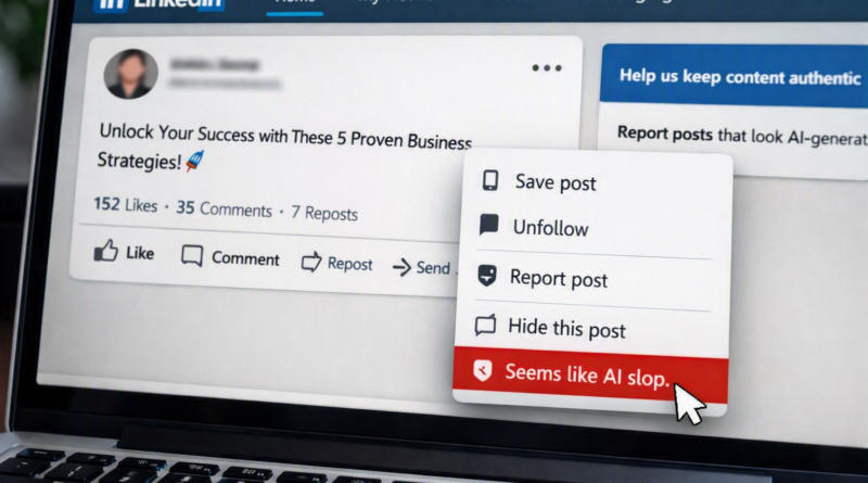 LinkedIn AI slop report feature showing a user flagging an AI‑generated post through the new “Seems like AI slop” option.