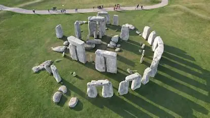 Stonehenge Altar Stone origin aerial view of the monument at sunrise