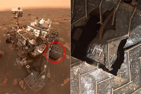 Curiosity rover wheel damage shown in a close-up image highlighting cracks and holes caused by 14 years of driving on the Martian surface.
