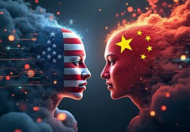 China vs United States artificial intelligence competition represented through a futuristic AI system glowing between two geopolitical spheres.