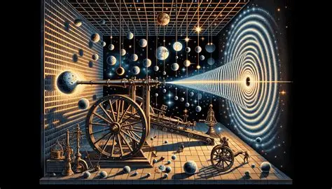 emergent time in quantum physics illustrated through a surreal scientific scene merging telescopes, spacetime grids, and cosmic spheres