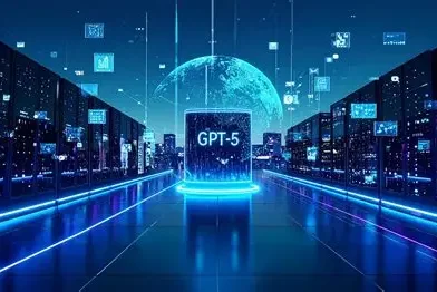 GPT‑5.6 represented as a futuristic AI core glowing inside a high‑tech data environment