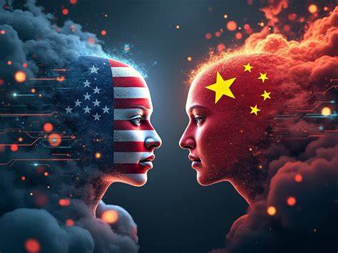 China vs United States artificial intelligence competition represented through a futuristic AI system glowing between two geopolitical spheres.
