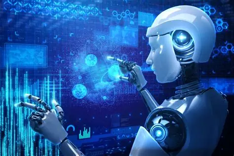 Artificial Intelligence in 2026 humanoid robot interacting with futuristic digital interface