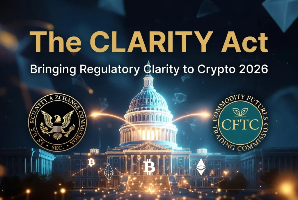 Crypto Clarity Act digital regulation illustration of the U.S. Capitol with SEC and CFTC