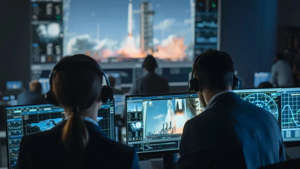 SpaceX mission control monitoring a rocket launch