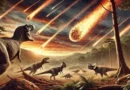 rare CO chondrite dinosaur extinction illustrated through a dramatic meteor impact scene with dinosaurs reacting to the incoming cosmic debris.