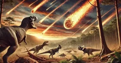 rare CO chondrite dinosaur extinction illustrated through a dramatic meteor impact scene with dinosaurs reacting to the incoming cosmic debris.