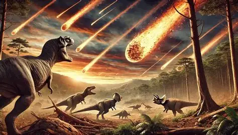 rare CO chondrite dinosaur extinction illustrated through a dramatic meteor impact scene with dinosaurs reacting to the incoming cosmic debris.