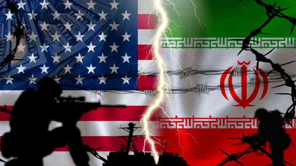 A dramatic visual of the US Iran war, showing the American and Iranian flags split by a lightning bolt, barbed wire and armed silhouettes symbolizing rising military tension.