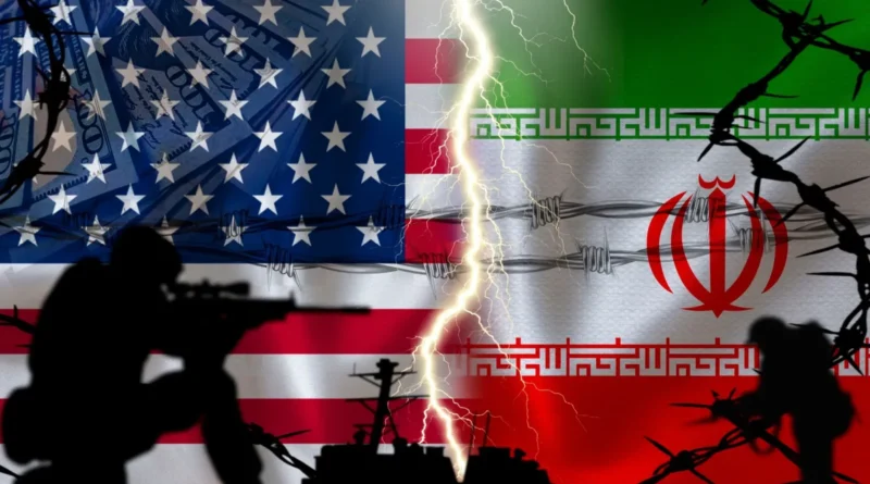 A dramatic visual of the US Iran war, showing the American and Iranian flags split by a lightning bolt, barbed wire and armed silhouettes symbolizing rising military tension.